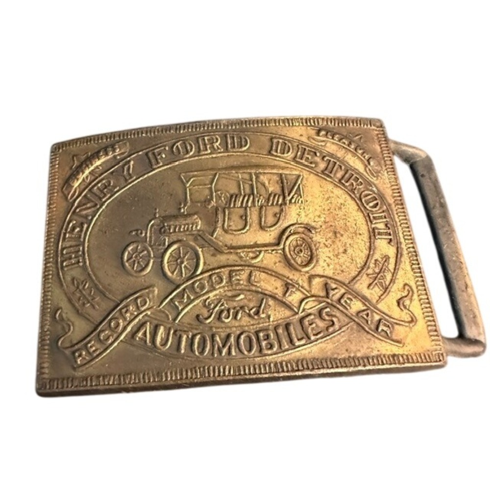 Vintage Henry Ford Detroit Model T Automobiles Solid Brass Belt Buckle 1970s